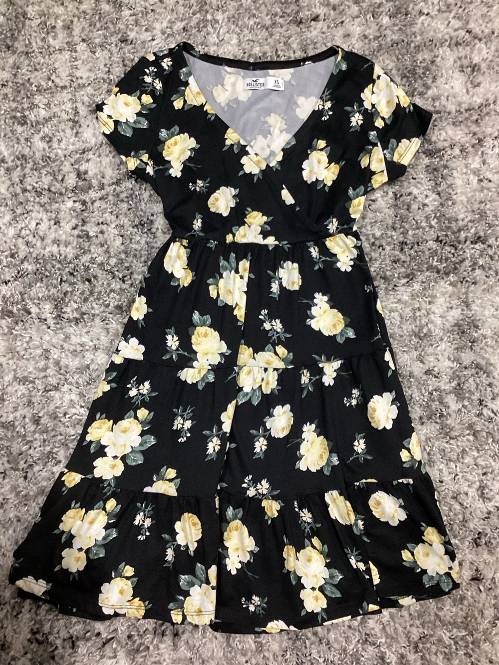 Hollister Black Floral Tiered V-Neck Dress with Yellow Roses